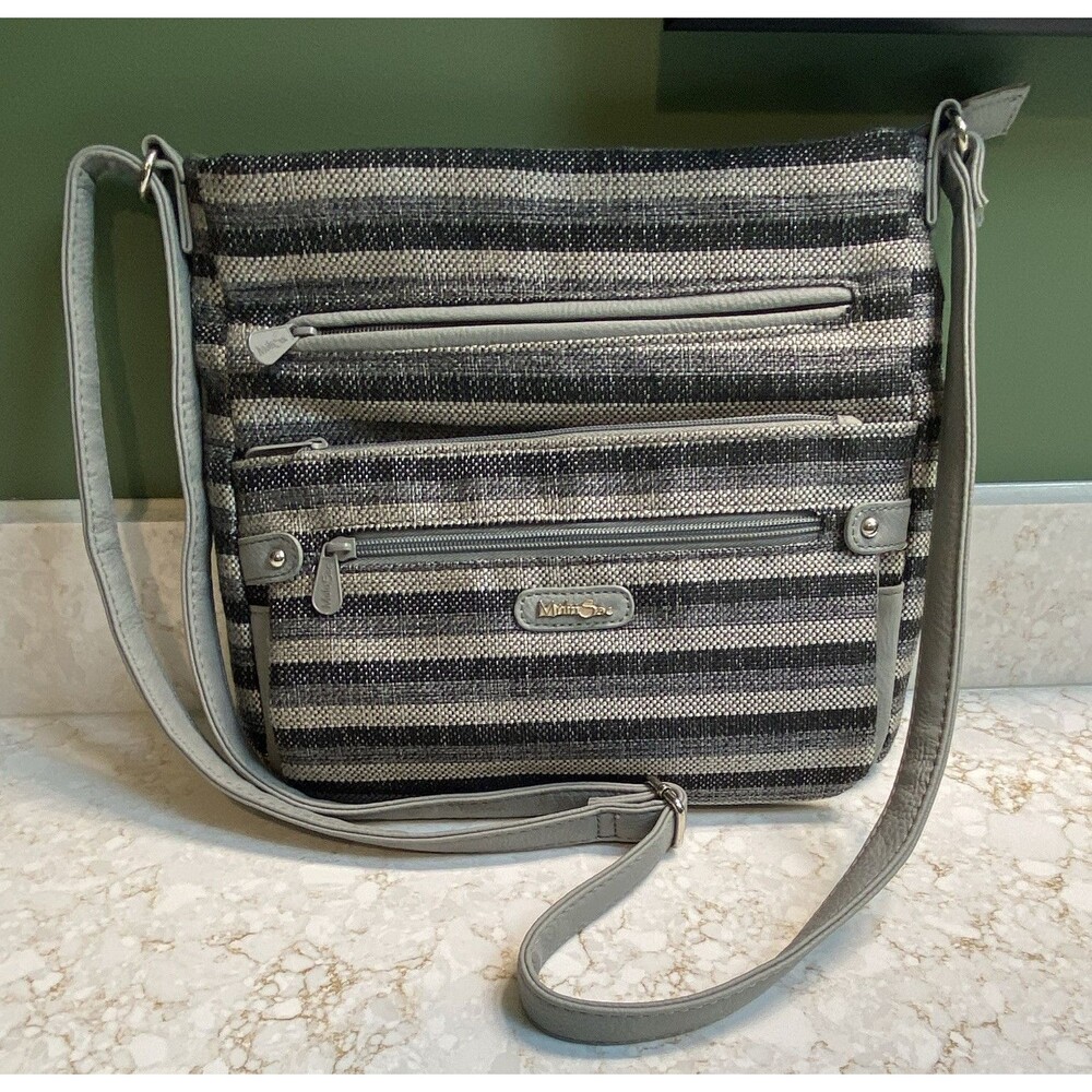 MultiSac Striped Crossbody Bag Gray Black White Multi Pocket Zip Shoulder Purse